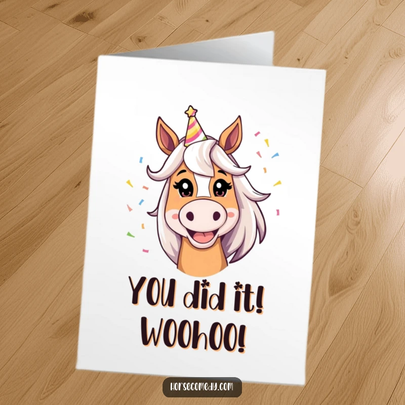 Funny Free Printable Horse Congratulations Card: A goofy horse wearing a party hat, spreading joyful vibes.
