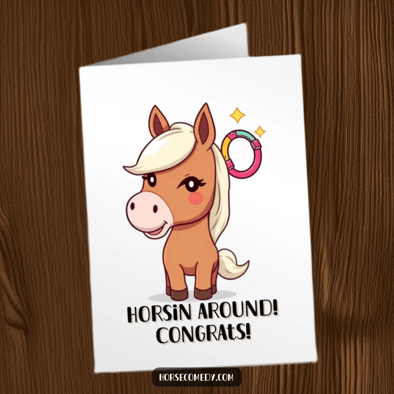 Funny Free Printable Horse Congratulations Card: A winking horse tosses a lucky horseshoe, celebrating your fantastic achievement.