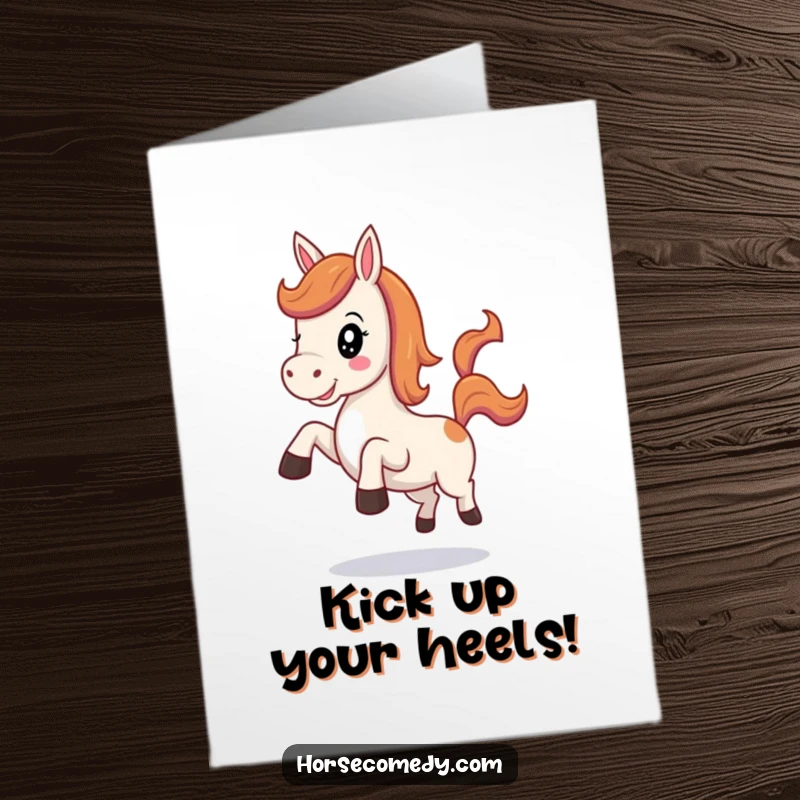 Funny Free Printable Congratulations Card of a kawaii horse with a cheerful neigh, kicking its heels playfully in excitement.