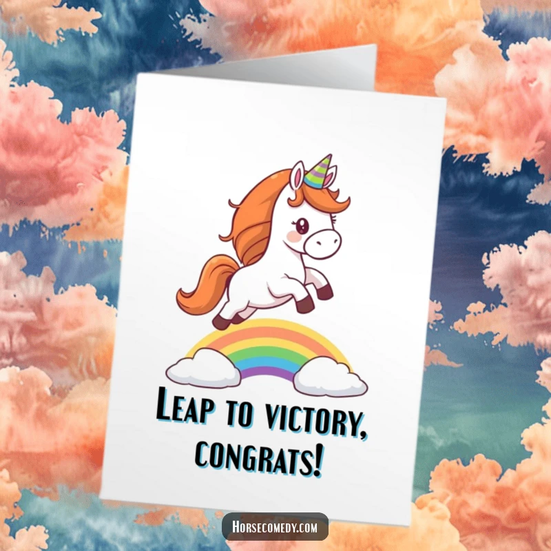 Funny free printable congratulations card: A horse in a party hat leaps exuberantly over a vibrant rainbow.