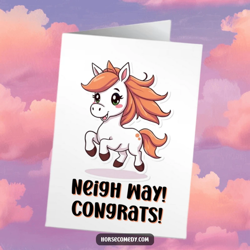 Funny Free Printable Congrats Card: Joyful horse prancing with a big smile, celebrating achievements with glee.