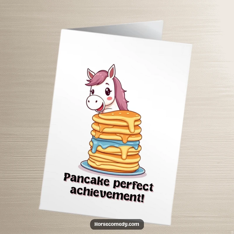 Funny Free Printable Congratulations Card: Delighted horse balancing colorful, wobbling pancakes, a fun downloadable gift.