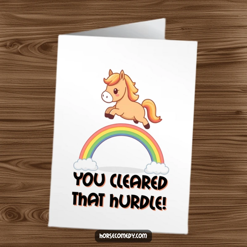 Funny Free Printable Congratulations Card: Adorable horse character energetically leaping over a cheerful, tiny rainbow.