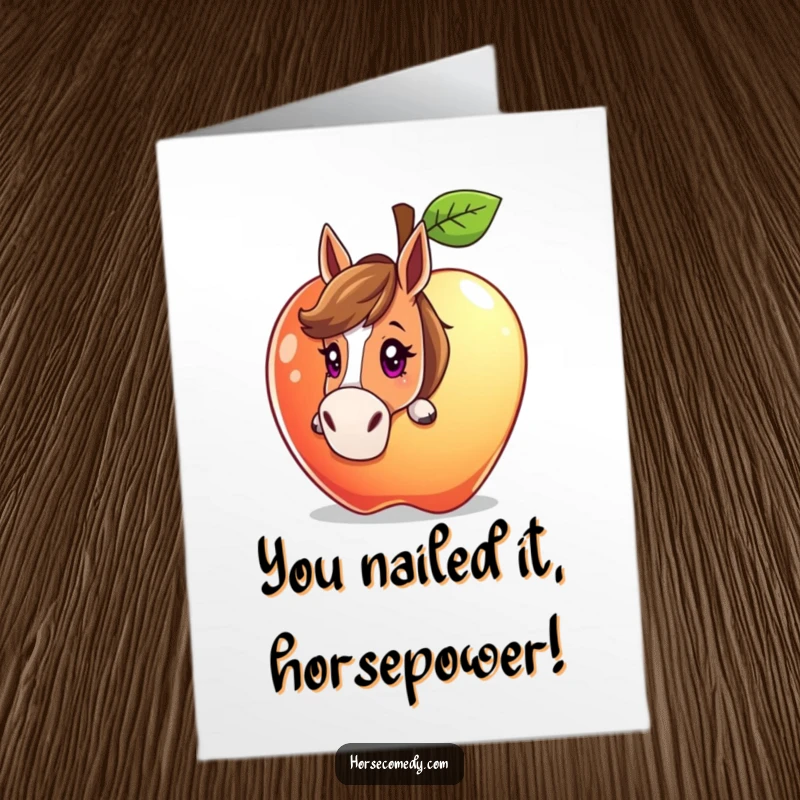 Funny Free Printable Congratulations Card: Horse with a curious look peeking from behind a huge, sparkling apple, perfect for congrats.