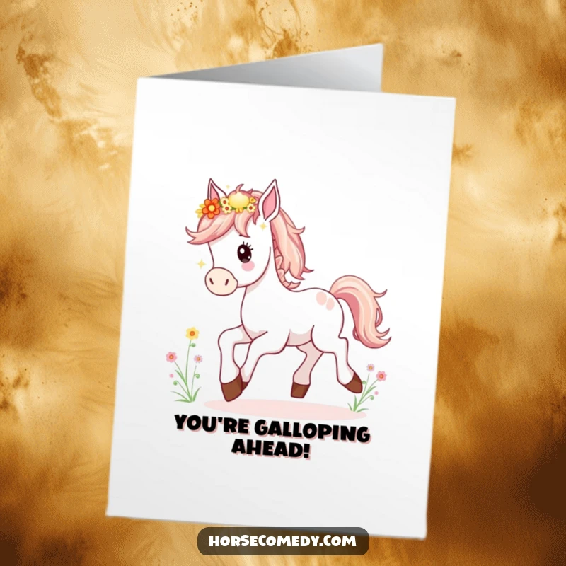 Free Printable Congratulations Card showing a horse foal gleefully prancing with a mane full of charming wildflowers.