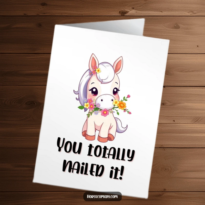 Funny Free Printable Congrats Card! A small horse with a vibrant flower bouquet in its mouth, offering congratulations with charm.