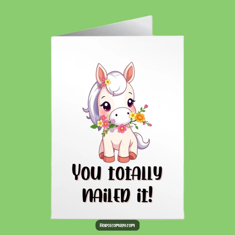 Free Printable Congrats Card: Adorable Horse with Flowers, Funny Gift