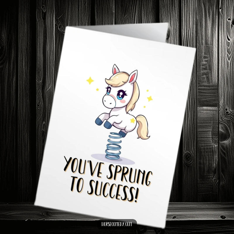 Funny Free Printable Congratulations Card: A horse with starry eyes bounces on a spring, celebrating victory.