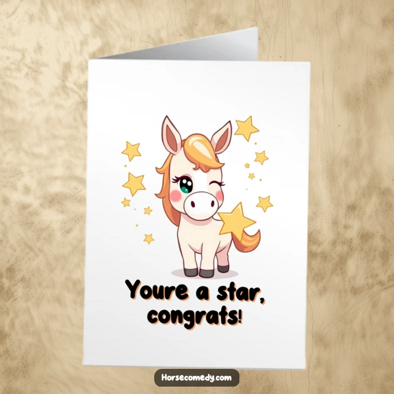 Funny Free Printable Congratulations Card: Mischievous horse winks while juggling bright stars, a shining downloadable gift.