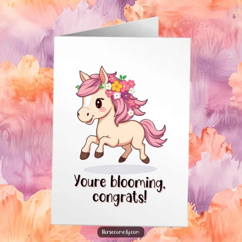 Funny free printable congratulations card: A horse with a mane crafted from flowers gallops joyfully, celebrating a success.
