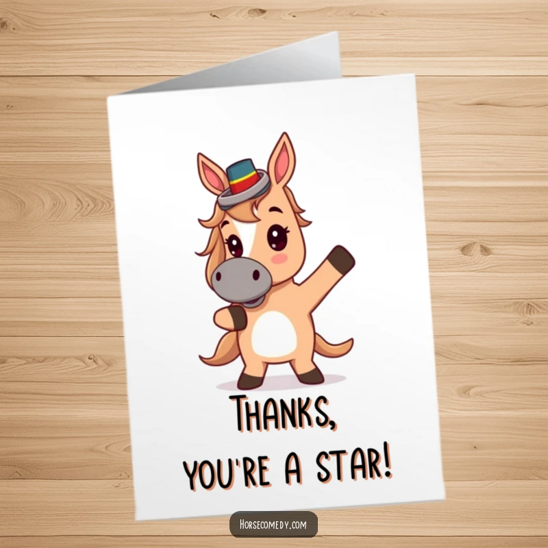 Funny Free Printable Thank You Card: Horse in a tiny top hat, striking a theatrical pose to express gratitude.