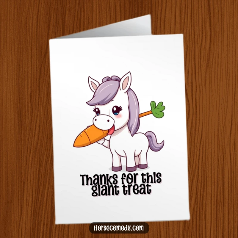 Funny Free Printable Thank You Card: A horse character happily munches on an oversized, vibrant carrot.