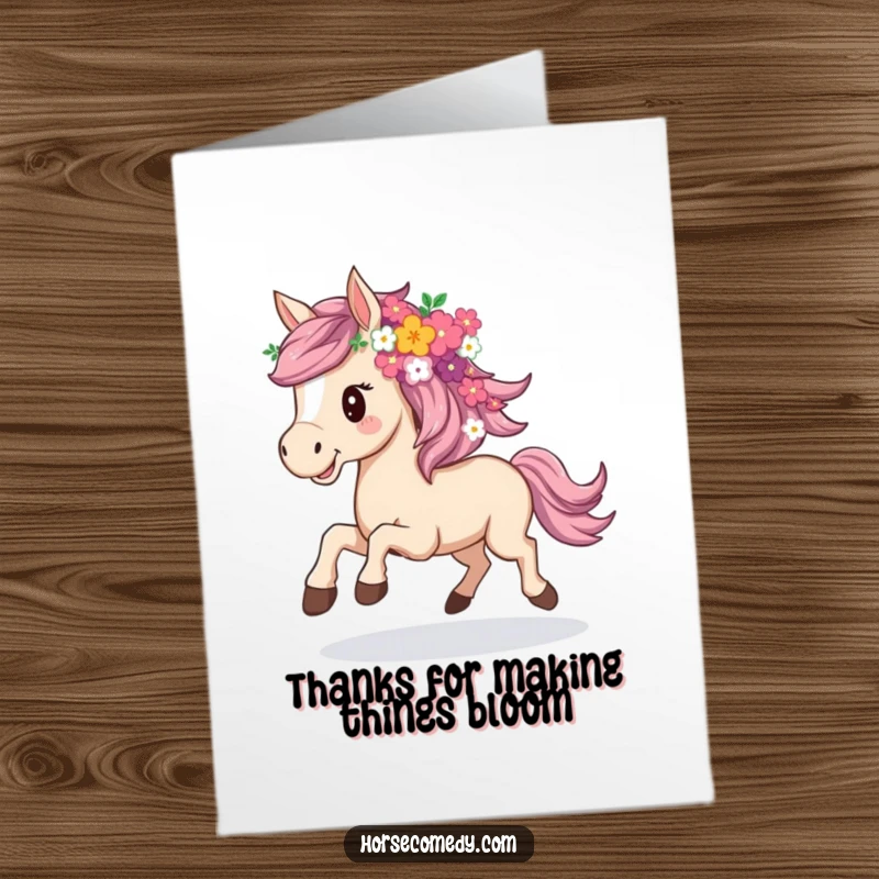 Funny free printable thank you card: A horse adorned with a mane of colorful flowers gallops with joyful gratitude.