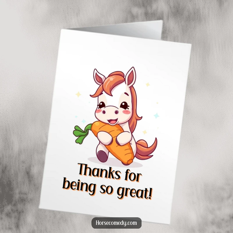 Funny Free Printable Thank You Card: Happy horse devouring a gigantic, radiant carrot, a sweet downloadable gift.