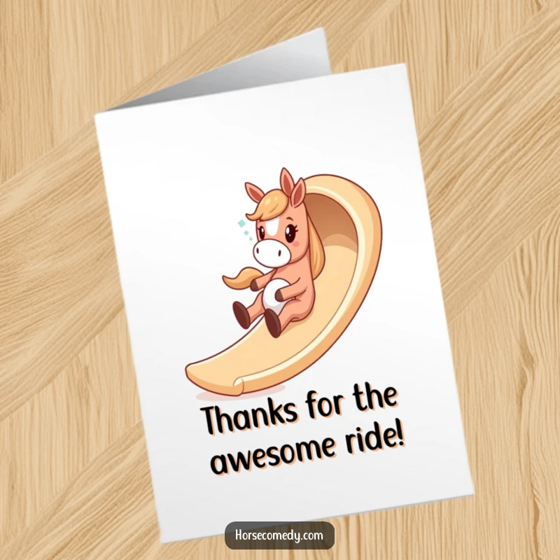 Funny Free Printable Thank You Card: Giddy horse sliding down a winding slide, a joyful downloadable gift.