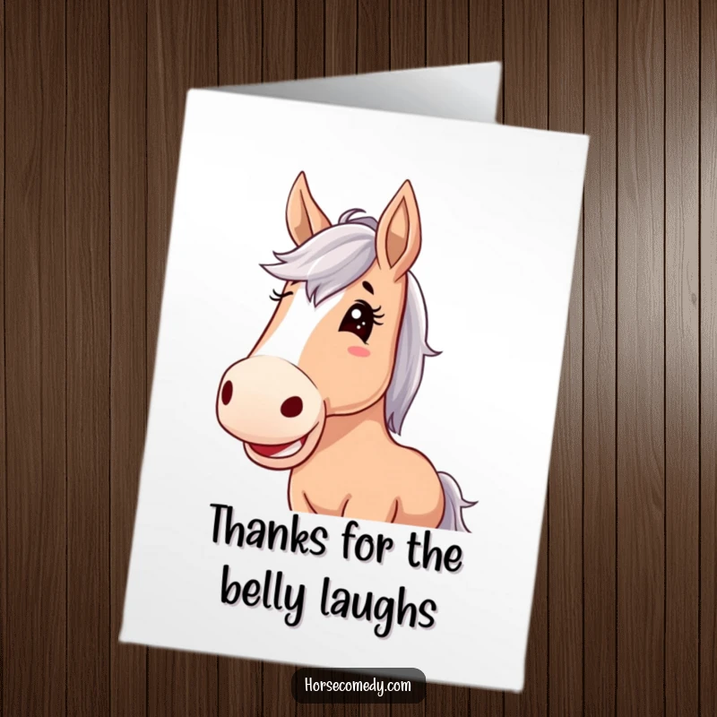 Funny Free Printable Thank You Card: A horse with comically large, floppy ears, sharing a joyful giggle.