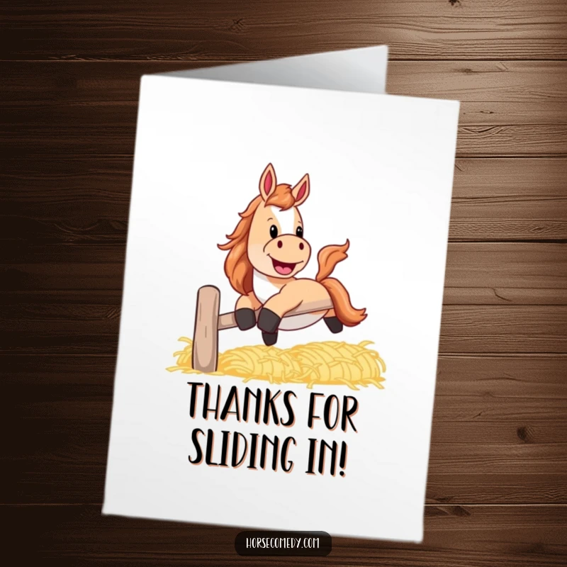 Funny Free Printable Thank You Card: A horse with a playful grin slides down a hay banister, a quirky thank you.