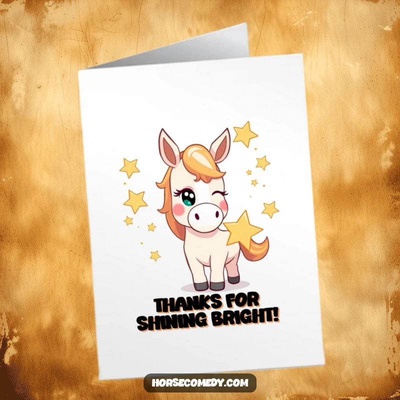 Funny Free Printable Thank You Card: Mischievous horse winks while juggling oversized stars, a bright downloadable gift.
