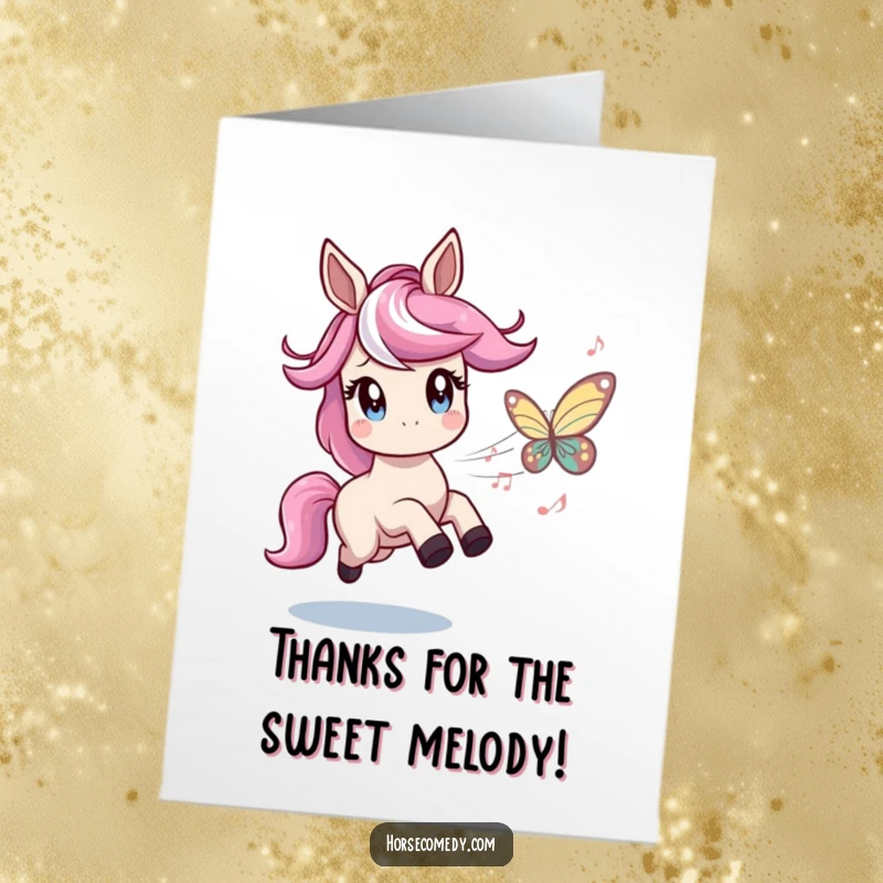 Funny Free Printable Thank You Card: A horse with twinkling eyes playfully chases a butterfly crafted from musical notes, a delightful expression of thanks.