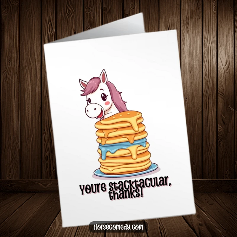 Funny Free Printable Thank You Card: Delighted horse balancing a stack of colorful pancakes, a sweet downloadable gift.