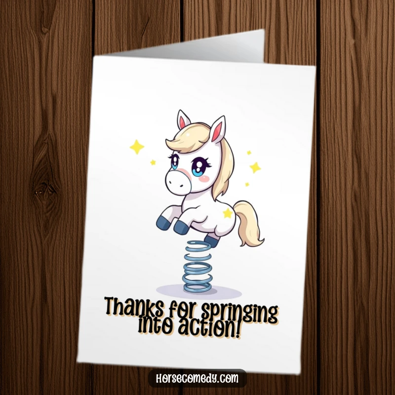 Funny Free Printable Thank You Card: A star-eyed horse bounces on a spring, sending thanks.