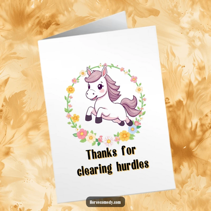 Funny Free Printable Thank You Card: Horse character joyfully leaps through a sparkling flower hoop, conveying enthusiastic thanks and gratitude.