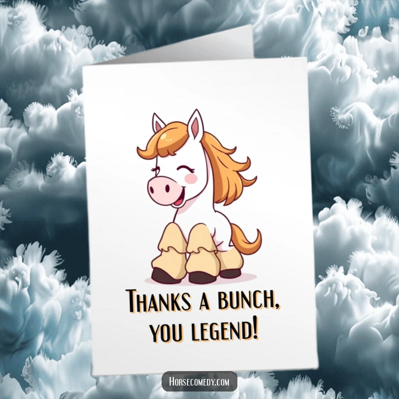 Funny free printable thank you card with a giggling horse character whose oversized floppy boots add to the humor.