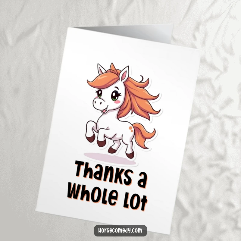 Funny Free Printable Thank You Card: Joyful horse prancing, humorously expressing thanks with a big smile.