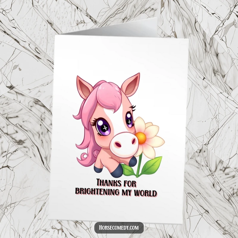 Funny Free Printable Thank You Card: A horse with large, sparkling eyes playfully nudging a giant flower, offering a tender thank you.