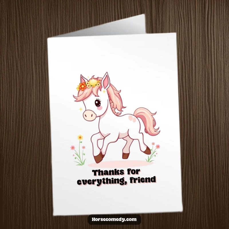 Free Printable Thank You Card depicting a horse foal happily prancing, adorned with a mane full of delicate wildflowers.