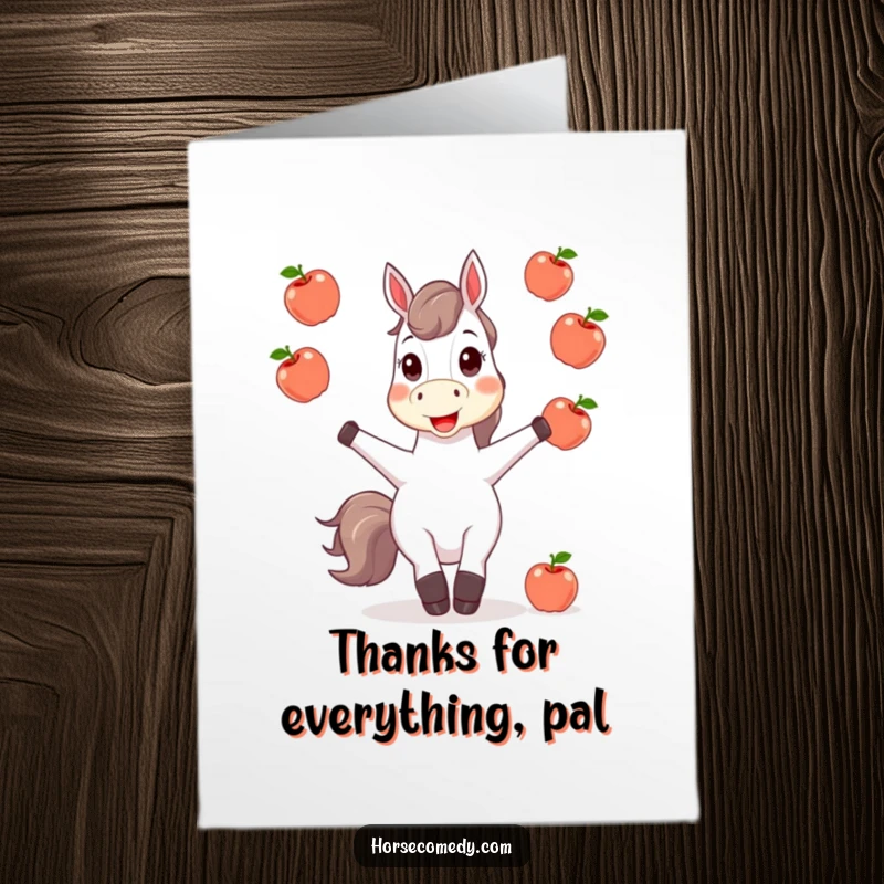 Funny Free Printable Thank You Card: Happy horse juggling apples, expressing thanks with a whimsical and joyful act.