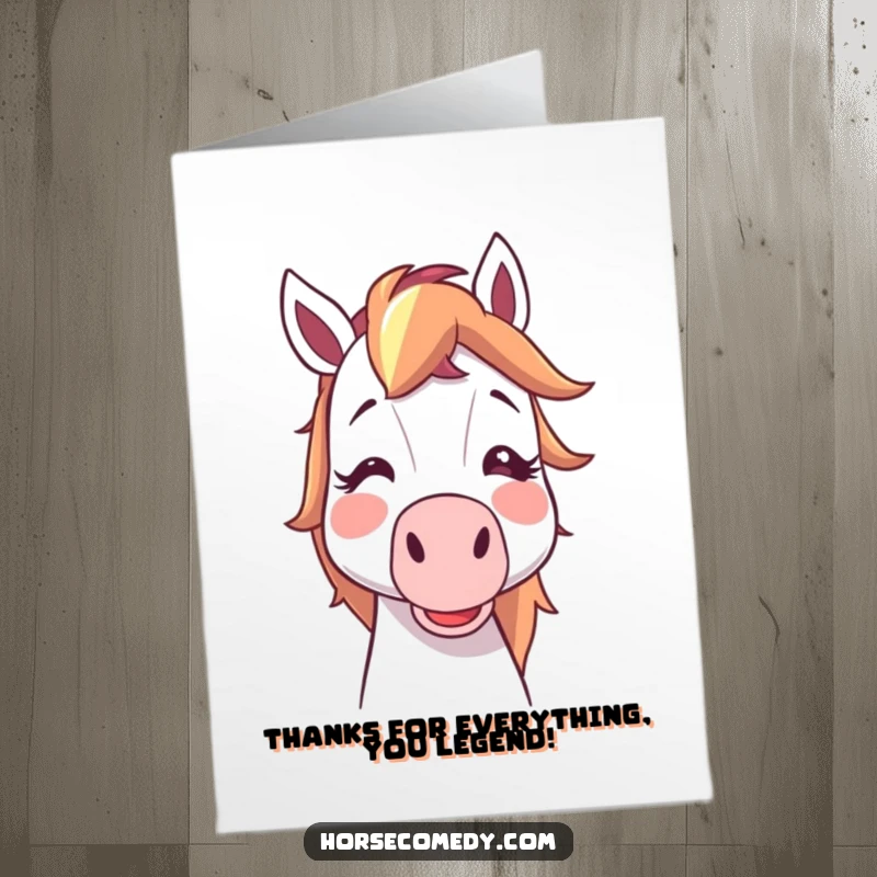 Funny Free Printable Thank You Card: A blushing horse is about to blow a noisemaker, conveying thanks with hilarious energy. Download this fun card!