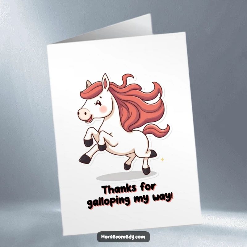 Funny Free Printable Thank You Card: A horse's joyous gallop with legs kicking high says thanks.