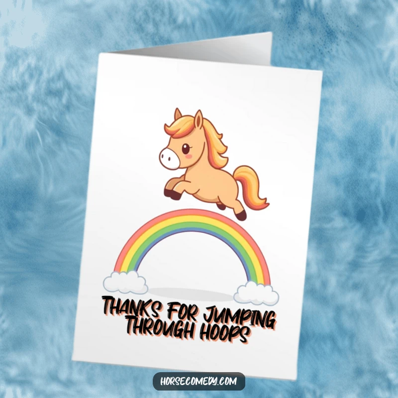 Funny Free Printable Thank You Card: A cute horse enthusiastically leaping over a small rainbow, conveying thanks.
