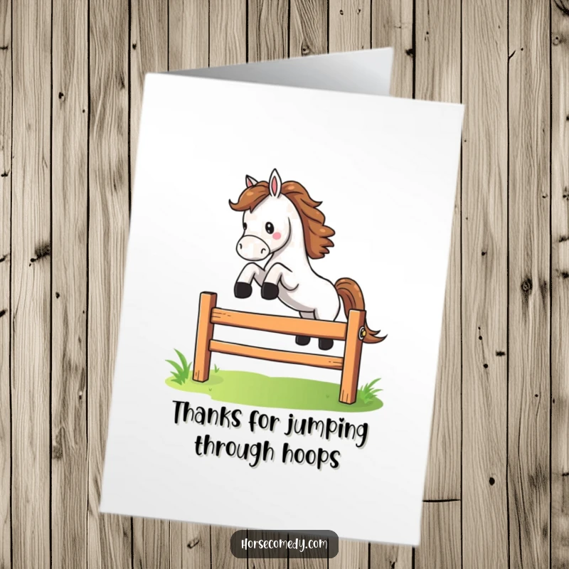 Funny Free Printable Thank You Card: Horse character dramatically leaping over a small, colorful fence, an energetic thank you card.