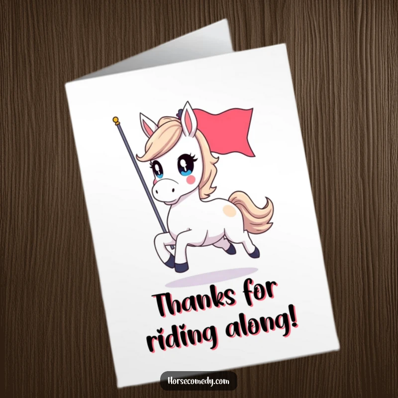 Funny Free Printable Thank You Card: A horse with sparkling eyes gallops with a flag, signifying a swift and thankful message.
