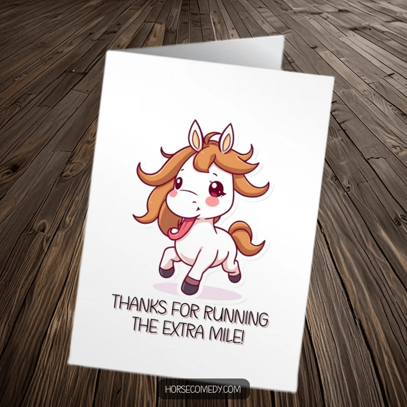 Funny Free Printable Thank You Card: Horse with flying mane, galloping with tongue out, joyful downloadable gift.