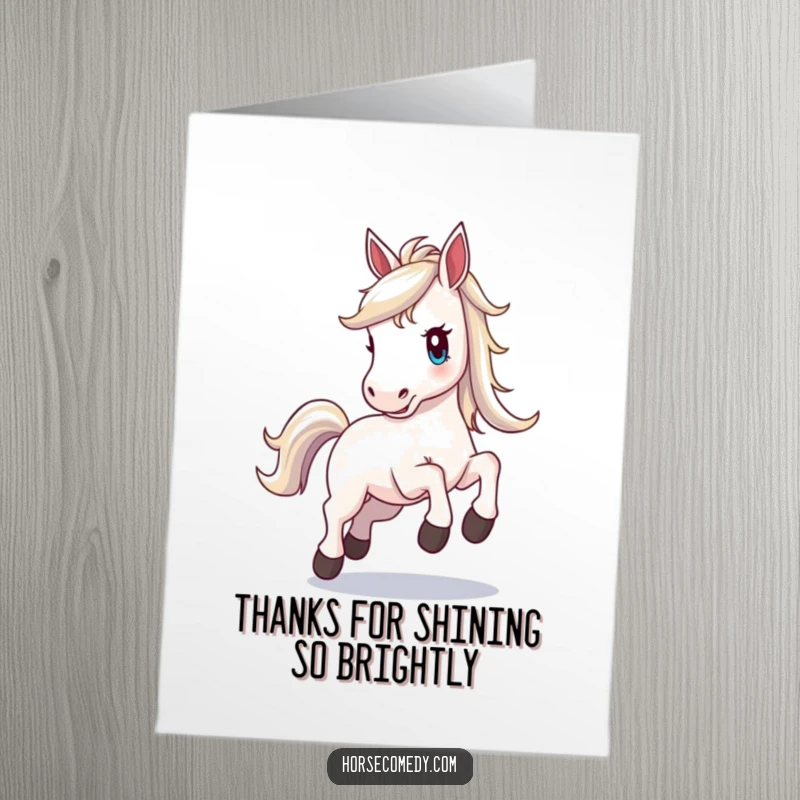 Funny Free Printable Thank You Card: A horse with a brilliantly shimmering mane, prancing with happy excitement.