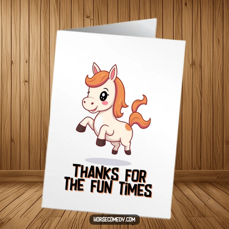Funny Free Printable Thank You Card featuring a kawaii horse neighing cheerfully and kicking its heels in playful thanks.