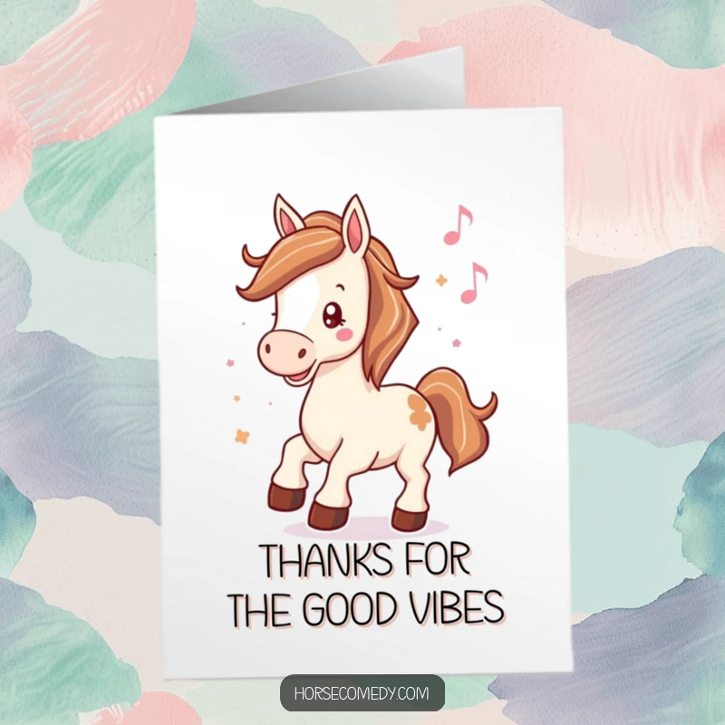 Funny Free Printable Horse Thank You Card: A cheerful horse taps its hooves to a beat, expressing musical thanks.