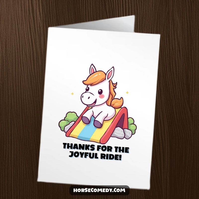 Funny Free Printable Thank You Card: Horse sliding down a rainbow, shouting happily, perfect for expressing thanks.