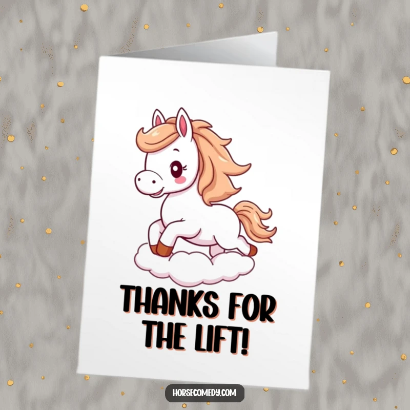 Funny Free Printable Thank You Card: A horse with a flowing mane gallops on a cloud, a whimsical way to say thanks.
