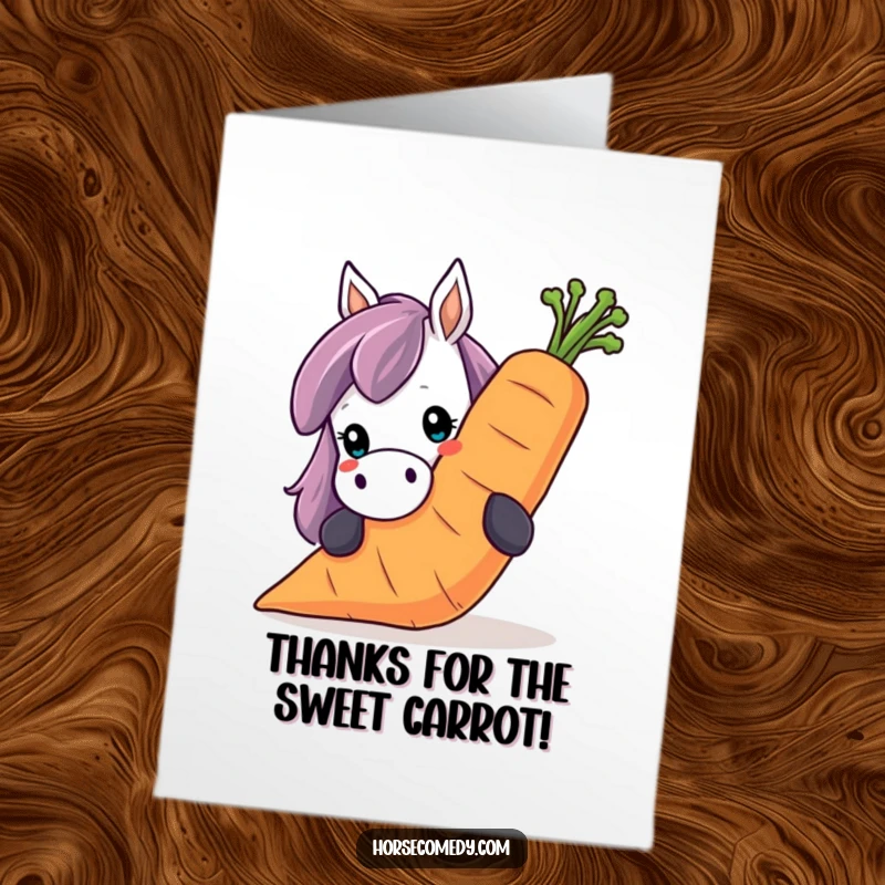 Funny Free Printable Thank You Card: Horse peeking over a giant smiling carrot to show thanks.