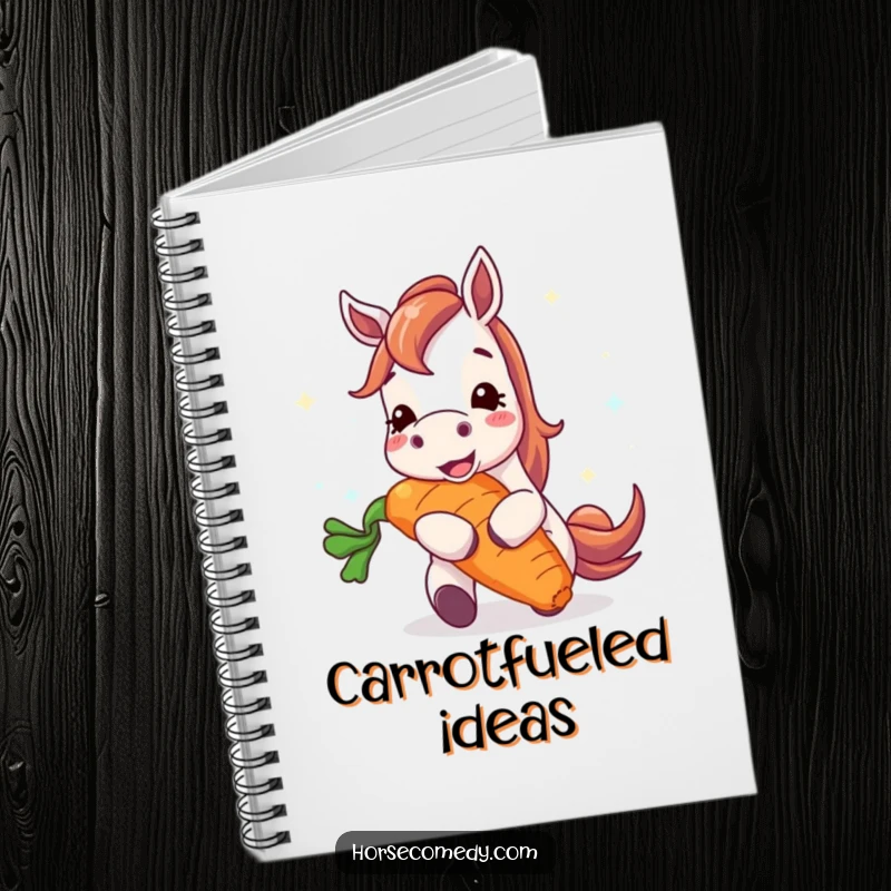 Funny horse notebook with a happy horse character enthusiastically eating a gigantic, vibrant carrot, designed to inspire funny thoughts.