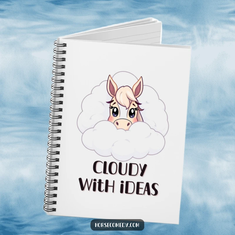 Funny peeking horse cloud notebook, designed for capturing imaginative thoughts with a whimsical theme of curiosity and soft, dreamy skies.