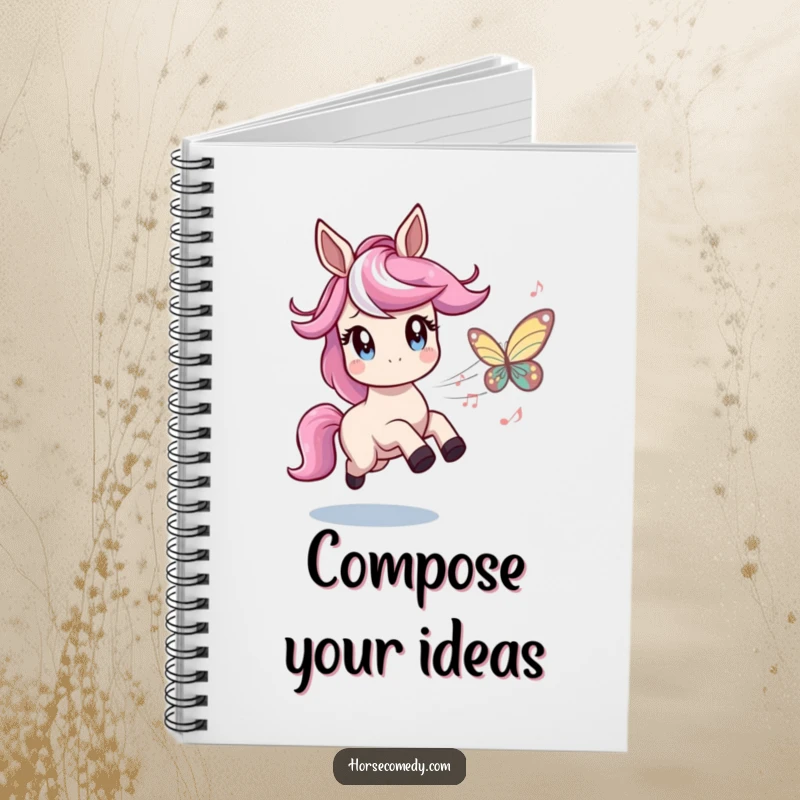 Funny notebook cover featuring a horse character with twinkling eyes playfully chasing a butterfly made of musical notes, inspiring notes with music and humor.