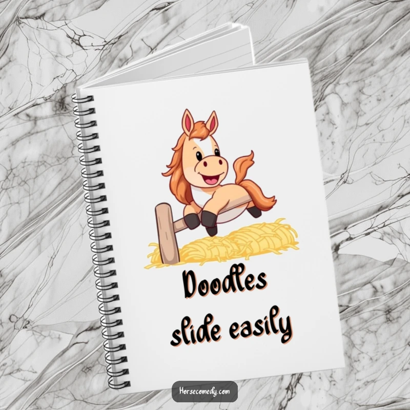 Funny horse notebook featuring a horse with a playful grin, sliding down a banister made of hay.