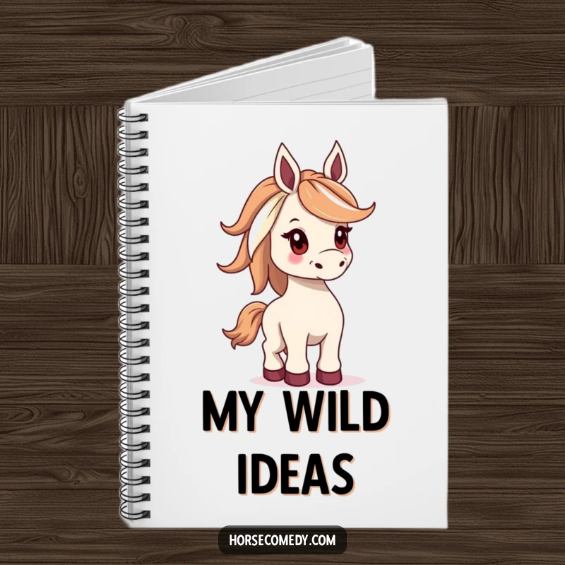 Funny notebook cover art of a horse with a wide mane, playfully bucking, ready for all your brilliant ideas.