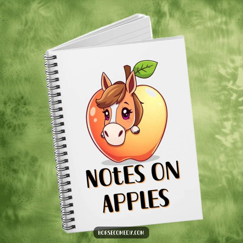 Funny horse character peeking from behind a giant, sparkling apple with a curious gaze on a notebook, ideal for jotting down discoveries.
