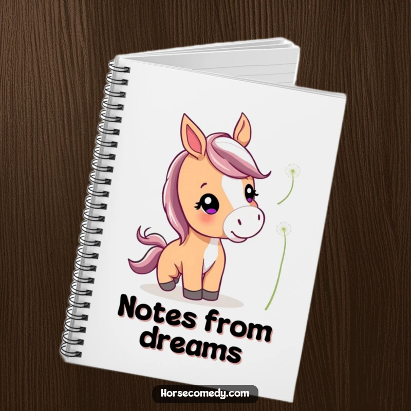 Funny Cute Horse Notebook showing a cute horse with perked ears playfully nudging a floating dandelion, ideal for journaling.